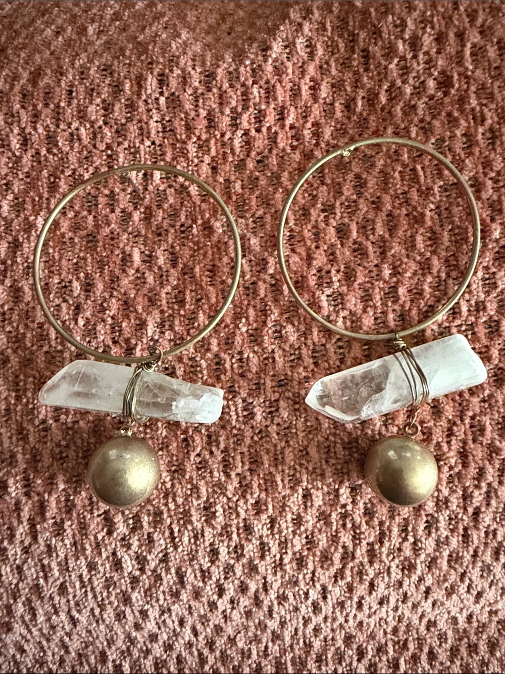 Gorgeous gold tone clear quartz wire wrapped hoop style pierced dangle earrings